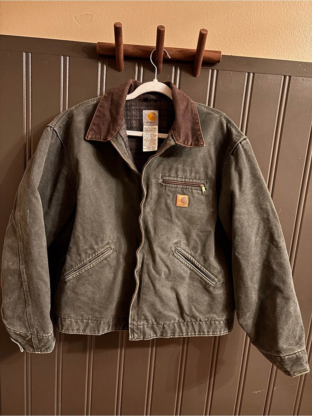 Carhartt Olive Green Duck Jacket with Dark Brown Corduroy Collar